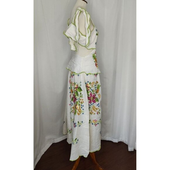 Farm Rio Maxi Dress XL Tropical Romance Needlepoint Cut-Out Linen White Floral - Picture 9 of 16
